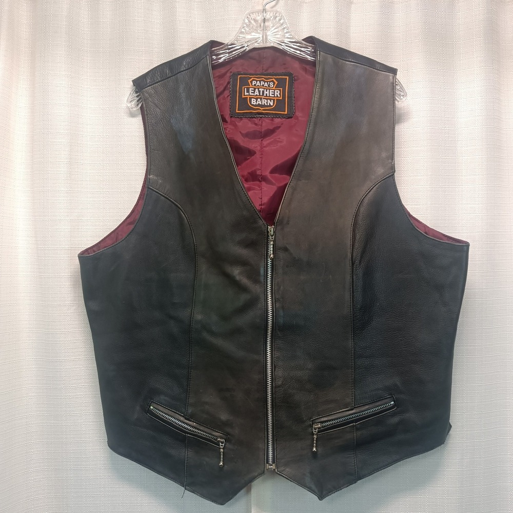 Papa's Leather Barn Mens Black Leather Motorcycle Biker Vest Burgundy Lining